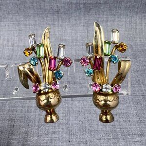 Fruit Salad Crystals earrings, 22K Gold Plated, Bouquets Clip Earrings, Vintage